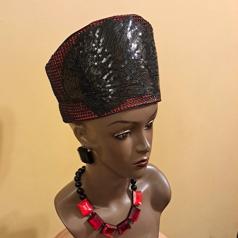 New Handmade Elegant Black and Red Sequin Hat, Blk Sequin Angel Wing Fully Lined
